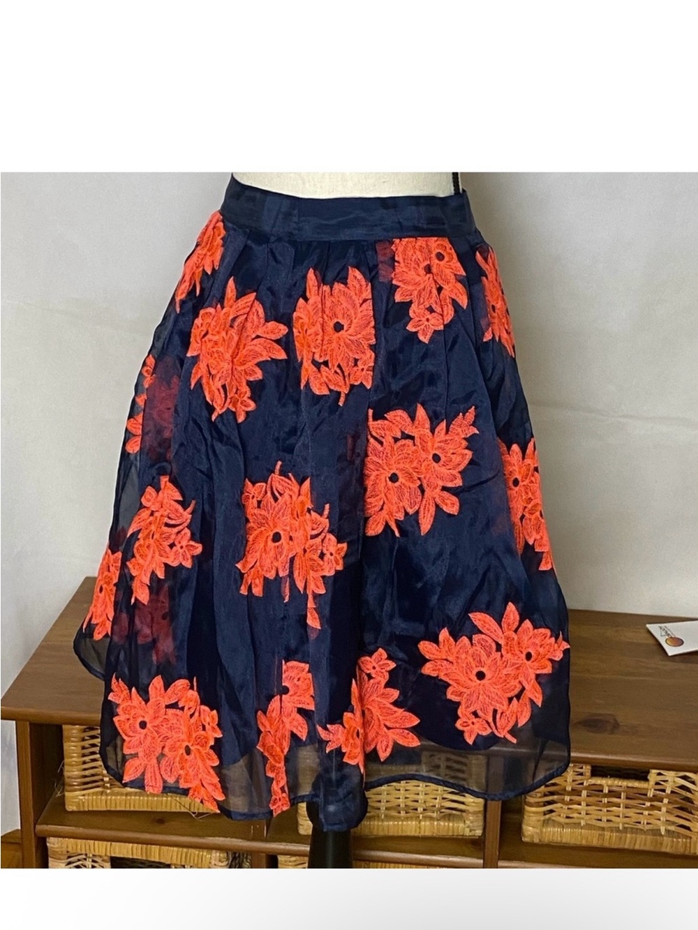 Anthropologie - Maeve Collection Navy Skirt with Orange Floral Appliqués
